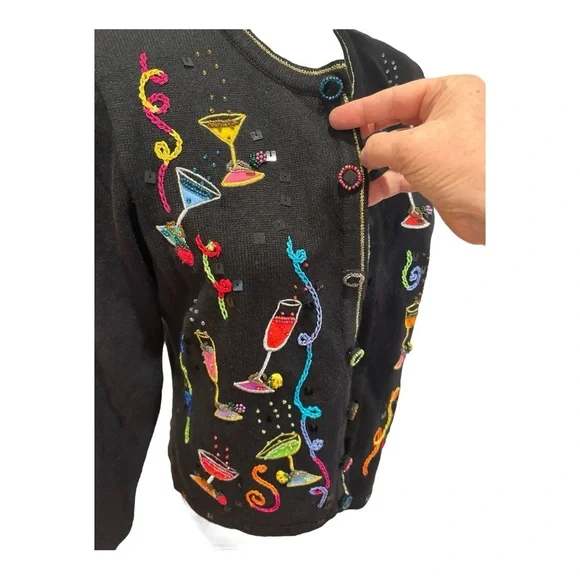 80s BERER 2 BLACK & MULTI-COLOR COCKTAILS HOUR W STREAMERS CARDIGAN SWEATER SZ S - Picture 5 of 12